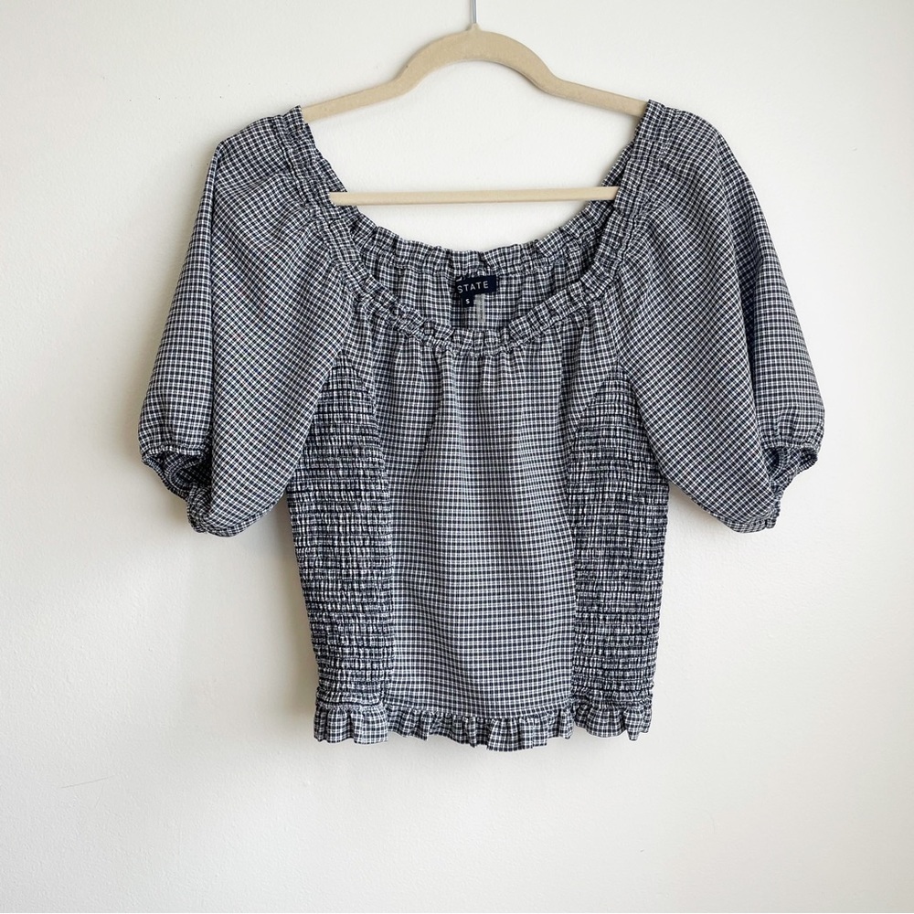 1 State prairie puff sleeve milkmaid blouse plaid gingham country preppy smocked - Picture 2 of 6